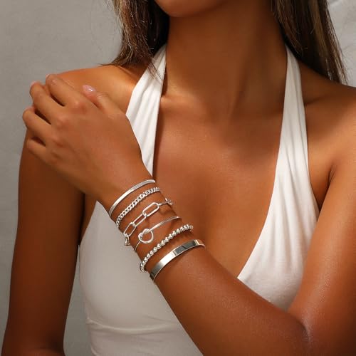 Dainty Gold Bracelets for Women 14K Gold Plated Jewelry Sets Trendy Stackable Beaded Paperclip Rope Snake Cuban Figaro Chain Adjustable Waterproof Bracelets Fashion Hand Chain Jewelry Gifts3