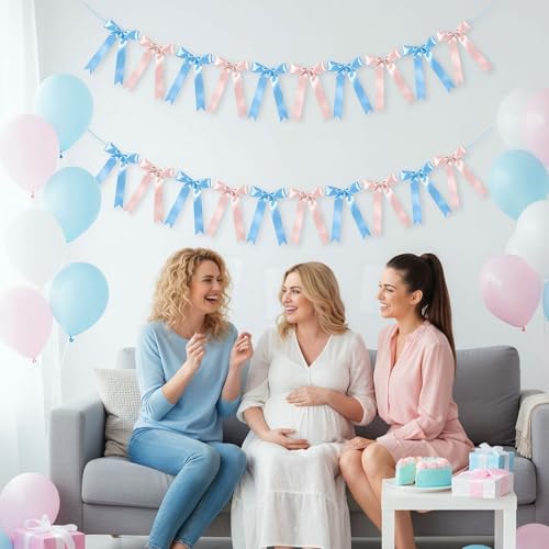 Image of NatNarr 2 Pcs Gender Reveal Party Decor, Pink and Blue Garland Banner Satin Ribbon Party Decorations Pre-Strung Bow Decor Banner for Baby Shower Wedding Birthday Parties