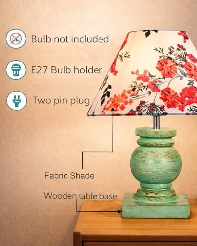 Image of Homesake Small Table Lamp with Green Wooden Base, E27 Holder Bedside Night Lamp for Bedroom Living Room, Decorative Study Desk Lamp Office, Warm Ambient Lighting for Home Decor, Gift, (Marigold)