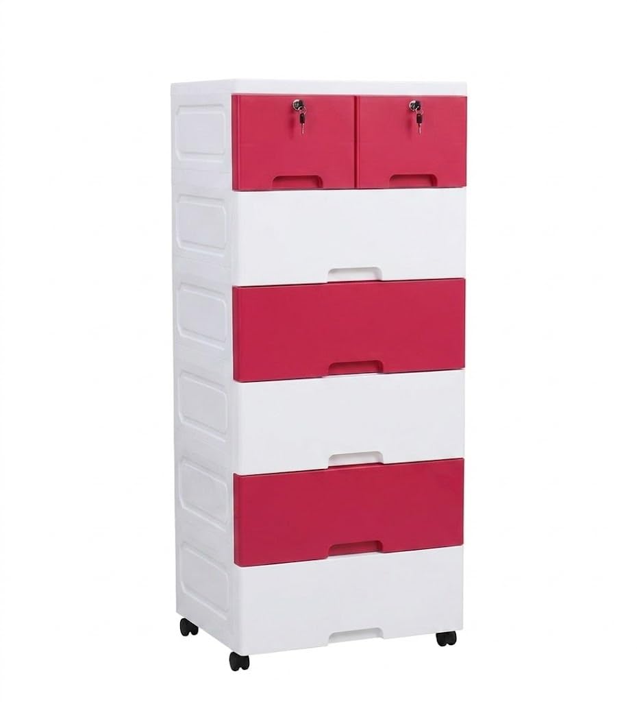 The Tickle Toe 7-Drawer Plastic Chest for Kids | Pink & White Storage Organizer with Dual Locks | Kids Wardrobe for Clothes & Toys | 44L x 28.5W x 98H cm | Made in India-image-21