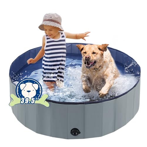 Eooqi Foldable Dog Pool, Portable Pet Bath Tub and Kiddie Swimming Pool, Collapsible Bathtub for Puppies, Small, Medium and Large Dogs, Cats and Kids, 39.5 x 12 in, Gray