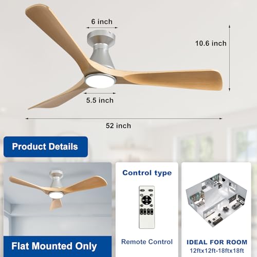 Image of Depuley 52-Inch Ceiling Fans with Lights: Wood 3 Blade Flush Mount Low Profile Ceiling Fan for Bedroom - Dimmable Indoor Outdoor Fan with Remote Control Ultra Quiet DC Motor Timer
