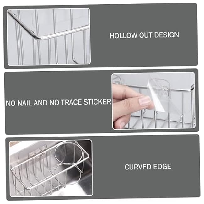 Sponge Holder with Dish Cloth Hanger, Sink Sponge Holder Stainless Steel Kitchen Sink Caddy with Hanging Pole Wall Mount Dish Brush with Adhesive