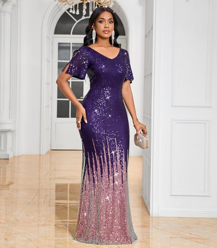 Image of Cololura Women Sexy Elegant Sequin Short Sleeve Party Bodycon Maxi Dress Cocktail Evening Gown Formal Dresses