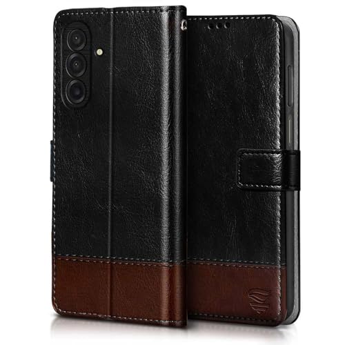 Image of FLIPPED Vegan Leather Flip Case Back Cover for Samsung Galaxy M17 5G | A17 5G | F17 5G (Flexible, Shock Proof | Hand Stitched Leather Finish | Card Pockets Wallet & Stand | Black with Brown)
