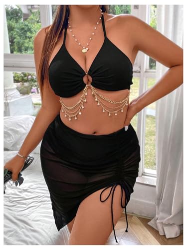 MakeMeChic Women's Plus Size 3 Piece Halter Ring Tie Backless Bikini Set with Ruched Cover Up Skirt4