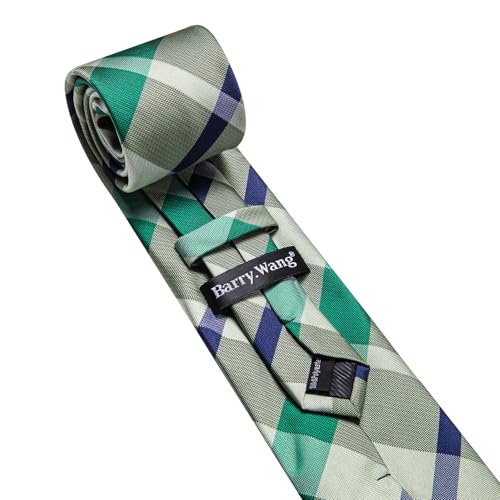 Image of Barry.Wang Plaid Ties for Men Silk Necktie Handkerchief Cuff Links Set