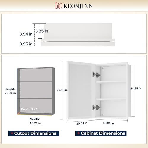 Image of Keonjinn 20 inch x 26 inch White Medicine Cabinet with Mirror, Adjustable Shelves
