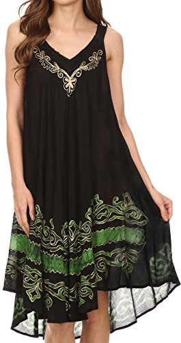 Sakkas 16605 - Gasha Sleeveless Mid Length Caftan Dress with Embroidery Details and V Neck - Black/Green - OS