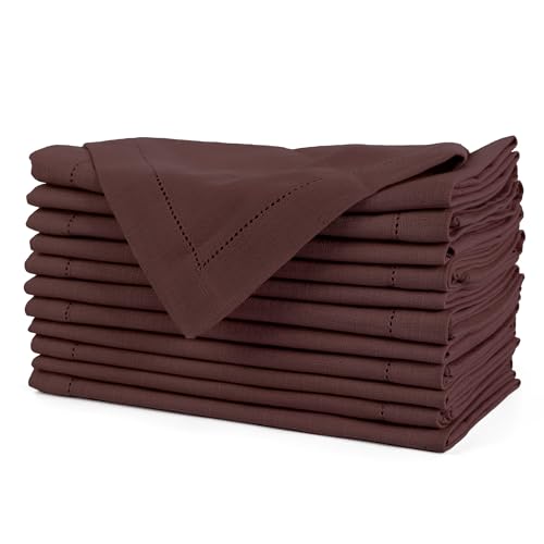 Image of FINGERCRAFT Hemstitched Cotton Table Napkins - Set of 12, 20x20 Inch, 100% Cotton Cloth Napkins with Faggoting Stitching - Durable & Elegant for Parties, Hotels, Everyday Use (Chocolate Slub)