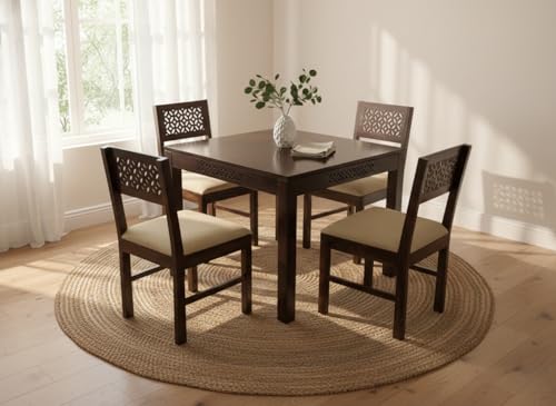 Image of RECTART Solid Wood Dining Table Set with Chairs for Living Room Home | Wooden Dining Room Sets Furniture for Hotels and Restaurants | (CNC-White-W, 4 Seater)