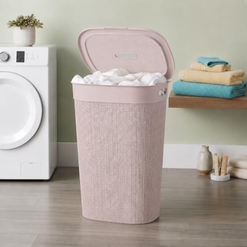 Image of KITCHIVO Plastic Large 55 Ltr Laundry Basket with Lid & Handle | Multipurpose Hamper Bins Storing Washable Clothes, Blankets | Household Ideal for Home & Bathroom (Woods Blush Pink)