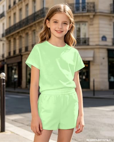 Image of Bestuline Girls Summer 2 Piece Outfits,Basic Short Sleeve Top & Shorts Set with Side Pockets,4-14Y