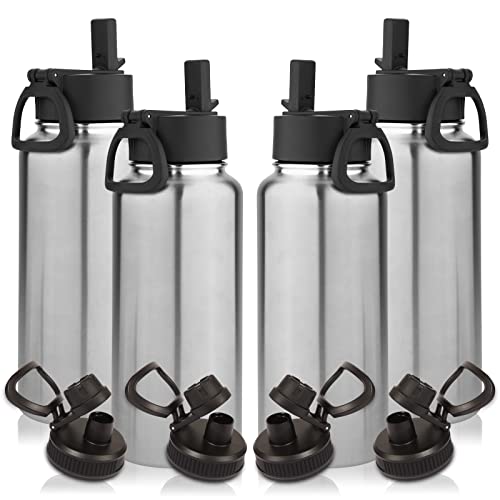 Image of Volhoply 32 oz Water Bottles Bulk 4 Pack with Straw Lid & Spout Lid,Insulated Sports Water Bottle,Double Wall Vacuum Stainless Steel Cups,Leakproof Wide Mouth Metal Flask for Travel(Silver,4)