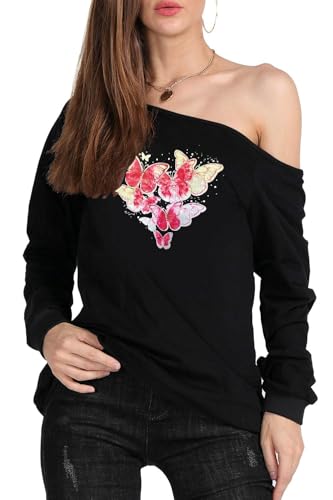 Image of MAGICMK Woman's Sweatershirt Lips Print Causal Blouse Off The Shoulder Long Sleeve Loose Slouchy Pullover Plus Size Tops