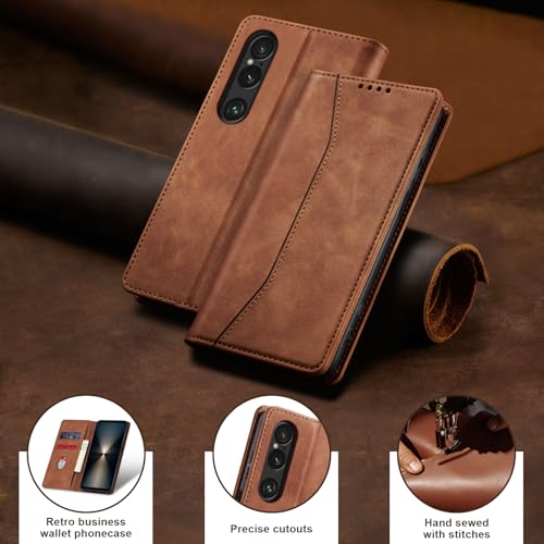 Image of Jasonyu Case for Sony Xperia 1 Vi, PU Leather Case, Book Type Flip Case with Cards and Wallet, Folding Stand, Magnetic Closure, Layer (Brown)
