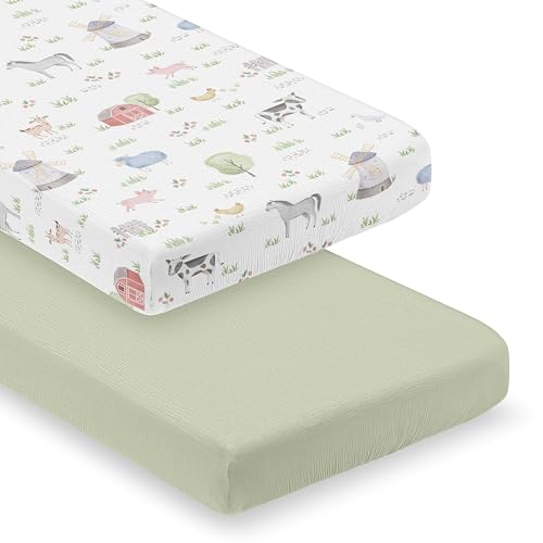 Sweet Jojo Designs 2-Piece Muslin Crib Sheets (Farm Animals) for Baby Girls/Boys, Infant Nursery, Toddler Room - Standard Size 100% Cotton Sheet Set...