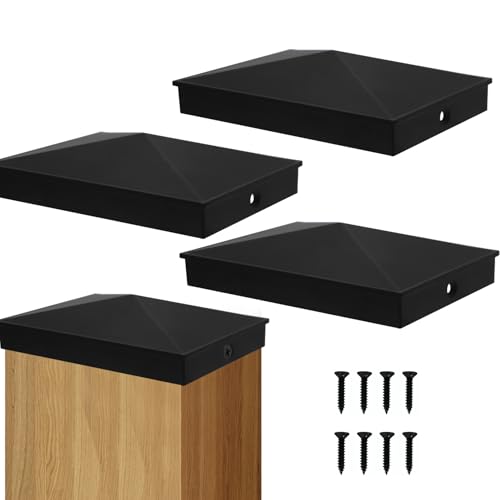 Azdele 4x6 Heavy Duty Aluminum Pyramid Post Caps Cover for 4x6 Nominal Wood Post(Actual 3.5 x 5.5 Post Size) with Matte Finish Powder Coated Surface Fences Wood Post of Decks or Corridors 4Pack
