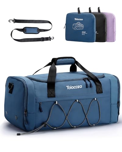 Tolaccea Bolsa de Deporte Plegable 35L Ultra Ligera – Bolsa de Gimnasio Resistente al Agua con Compartimento para Zapatos y Separación Seca/Húmeda, Ideal para Hombres y Mujeres (Azul)