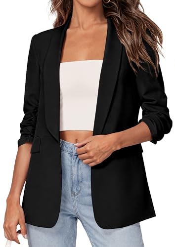 PRETTYGARDEN Women's 2026 Spring Blazers Business Casual Outfits Open Front Ruched 3/4 Sleeve Lightweight Work Suits Jackets (Black,Large)