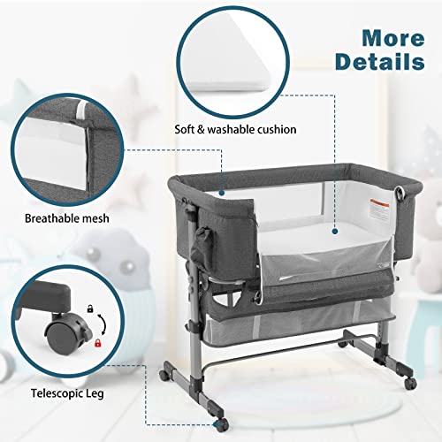 Image of Baby Crib, Baby's Cradle, 3 in 1 Bedside Crib Adjustable Portable Bed for Infant, Baby Bassinet Baby Newborn Must Have Bed, Grey