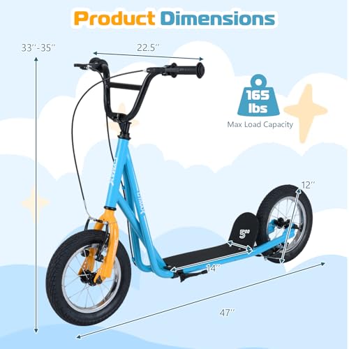 Image of GYMAX Scooter, Kids & Adults Off-Road Scooter with 12 inch Inflatable Wheels, Adjustable Height Handlebar, V-Type Handbrakes & Axle Pegs for All Terrain, 8+