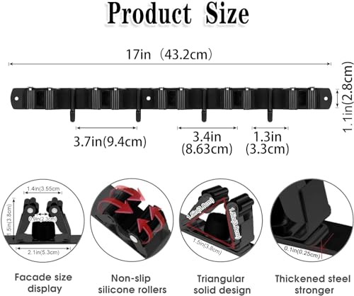 Black 5 Racks and 4 Hooks Mop and Broom Holder Wall Mount, Broom Organizer Storage Tool Racks Stainless Steel Heavy Duty Hooks Self Adhesive Solid Non-slip for Home Kitchen Garden Laundry Garage by AceMining - Image 2