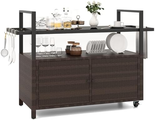 Tangkula Outdoor Bar Cart, Patiojoy Rolling Wicker Buffet Serving Cart with Tempered Glass Top, Storage Cabinet & 8 Hooks, Kitchen Island Cart on Wheels for Porch Backyard Garden Poolside (Mix Brown)