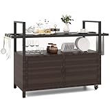 Tangkula Outdoor Bar Cart, Patiojoy Rolling Wicker Buffet Serving Cart with Tempered Glass Top, Storage Cabinet & 8 Hooks, Kitchen Island Cart on Wheels for Porch Backyard Garden Poolside (Mix Brown)