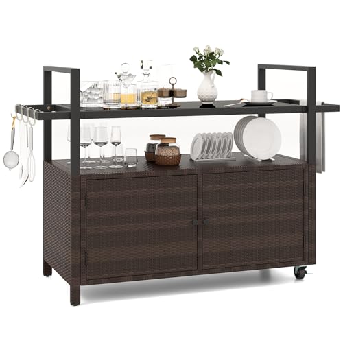 Tangkula Outdoor Bar Cart, Patiojoy Rolling Wicker Buffet Serving Cart with Tempered Glass Top, Storage Cabinet & 8 Hooks, Kitchen Island Cart on Wheels for Porch Backyard Garden Poolside (Mix Brown)