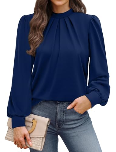 Image of WIHOLL Long Sleeve Shirts for Women Mock Neck Tops Pleated Front Blouses Dressy Casual Spring Fall Clothes 2026 Fashion