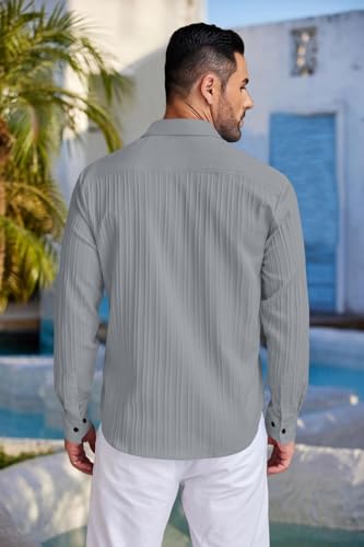 Image of FINIVO FASHION Men's Casual Cotton Polyester Blend Plain Button Down Shirt Long Sleeve Textured Summer Beach Shirt for Men