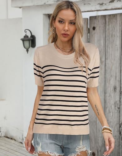 Womens 2025 Striped Tops Sweater Loose Knit Lightweight Short Sleeve Pullover Sweater Shirt3