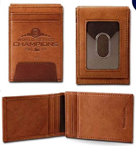 Rico Industries, Inc. Red Sox 2018 World Series Champions Premium Brown Leather Money Clip Front Pocket Wallet Embossed Baseball