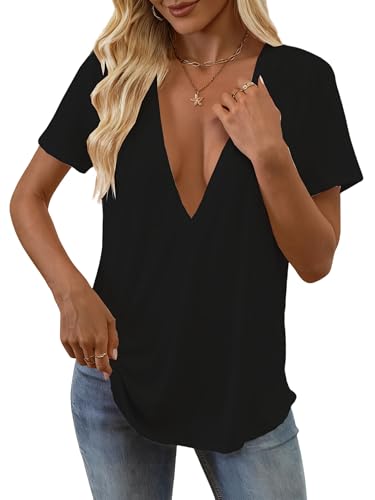 Womens Sexy Deep V Neck T Shirts Summer Oversized Short Sleeve Tee Tops3