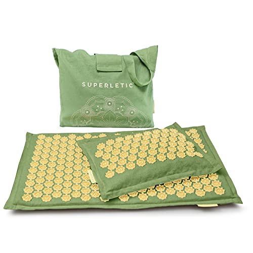 SUPERLETIC Akupressurmatte mit Kissen Set, Massagematte für Akupressur mit Tasche & Anleitung, Fakirmatte zur Massage, Nachhaltige Akkupressur-Matte, Massage-Matte zur Entspannung & Rückenschmerzen Cover