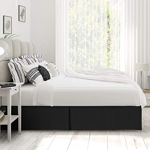Image of Nestl King Bed Skirt - Damask Dobby Stripe Wrap Around Bed Skirt King Size - Double Brushed Microfiber 14 in Tailored Drop Pleated Bed Ruffle with Bed Skirt Pins - Black