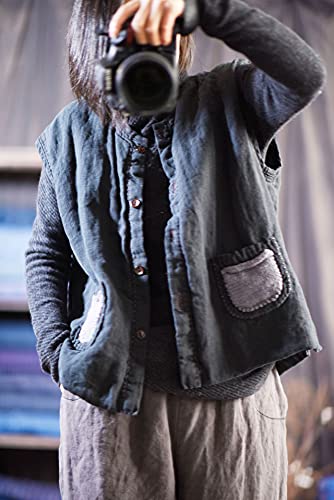 NFYM Women's Linen Vest Thin Quilted Mid Length Button Down Sleeveless Jacket with Hand Woven Pockets3