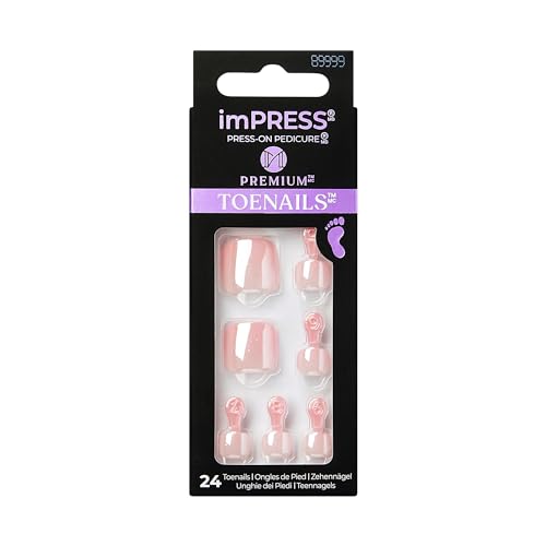 KISS imPRESS Premium No Glue Pedi Press-On Toenails Sparkling Light Pink Pearl Squoval Shape Includes 24 Nails Prep Pad 1 Manicure Stick 1 Mini File