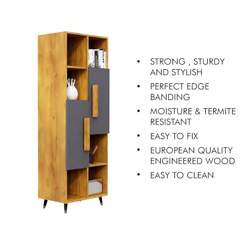 Image of Bniture Bookshelf for Home | Engineered Wood Book Shelf with 2 Door & 6 Shelf | Open Book Shelf Stand for Library | Multipurpose Display Organizer for Living Room & Study | Giant Wood & Slate Grey