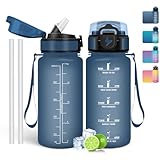 Mulbijeo Trinkflasche 500 ml, Auslaufsicher, Wasserflasche BPA-Frei, Motivierende mit Zeitmarkierung, Trinkflasche mit Strohhalm Dunkelblau