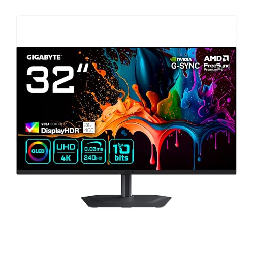 GIGABYTE MO32U2 Monitor Gaming OLED 32” 4K UHD - 3840 x 2160, 240Hz, 0.03ms, 250 CD/m², G-Sync Compatible, FreeSync Premium Pro, Display HDR True Black 400, HDMI 2.1, DisplayPort 1.4