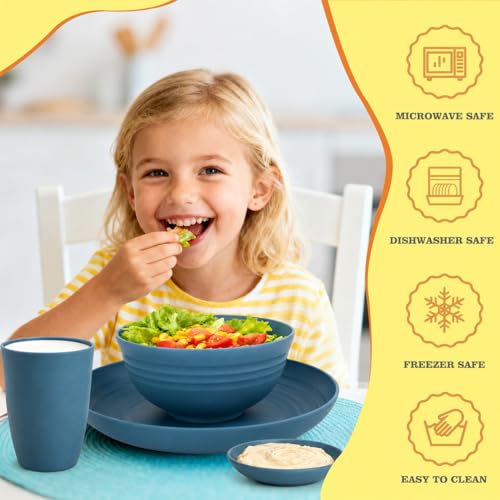 Image of 16 PCS Wheat Straw Plates and Bowls Sets,Kids Dishes Dinnerware Sets for 4,Unbreakable Kitchen Plates and Bowls Set for Travel Dishwasher & Microwave Safe Lightweight Dishes Set - DeepBlue