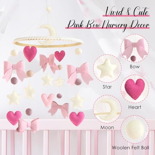 image for Teeloray Baby Mobile for Crib Pink Bow Baby Crib Mobile for Girls Hand