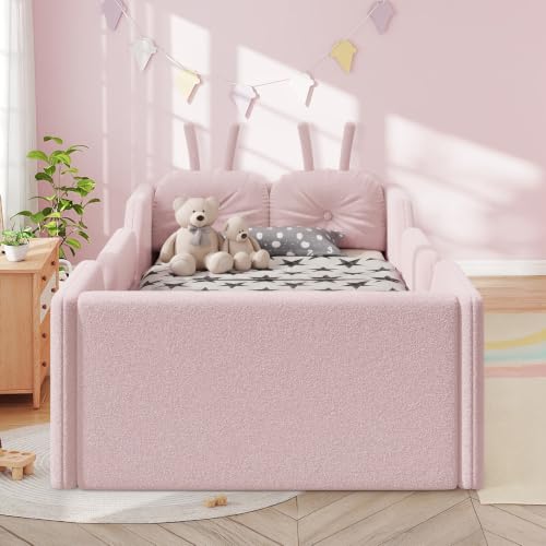 Image of Twin Size Kids Bed with Rabbit Cushions, Upholstered Boucle Fabric Platform Floor Twin Daybed with Removable Side Rail, Space-Saving Wooden Corner Sofa Couch Bed Frame for Girls, Boys, Teenager(Pink)