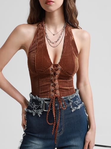 Verdusa Women's Going Out Halter Corset Tops Sleeveless Lace Up Open Back Crop Top3