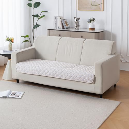 Image of House of Quirk 'Mughal Series' Printed Quilted Sofa Cover for 1 /2 /3 /4 Seater - Anti-Slip, Washable Couch Protector Slipcover (Three Seater, Beige Blossom, 80x150 cm)