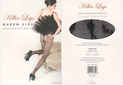 Yelete Killer Legs Womens Queen Plus Size Fishnet Pantyhose 168Yd022Q, Black, Back Seam With Bow Tie #TOP3