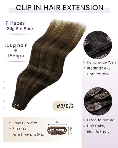 Image of LaaVoo Clip in Hair Extensions Balayage,Heat Stylable Color Stable | Dark Brown Balayage Chestnut Brown, 14 Inch 120g 7Pcs, Silky Texture