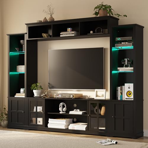 MEISSALIVVE Wall Unit TV Stand with Storage & LED Lights, Large Entertainment Center with Bookshelves for TVs up to 70', Media Console for Living Room, Black